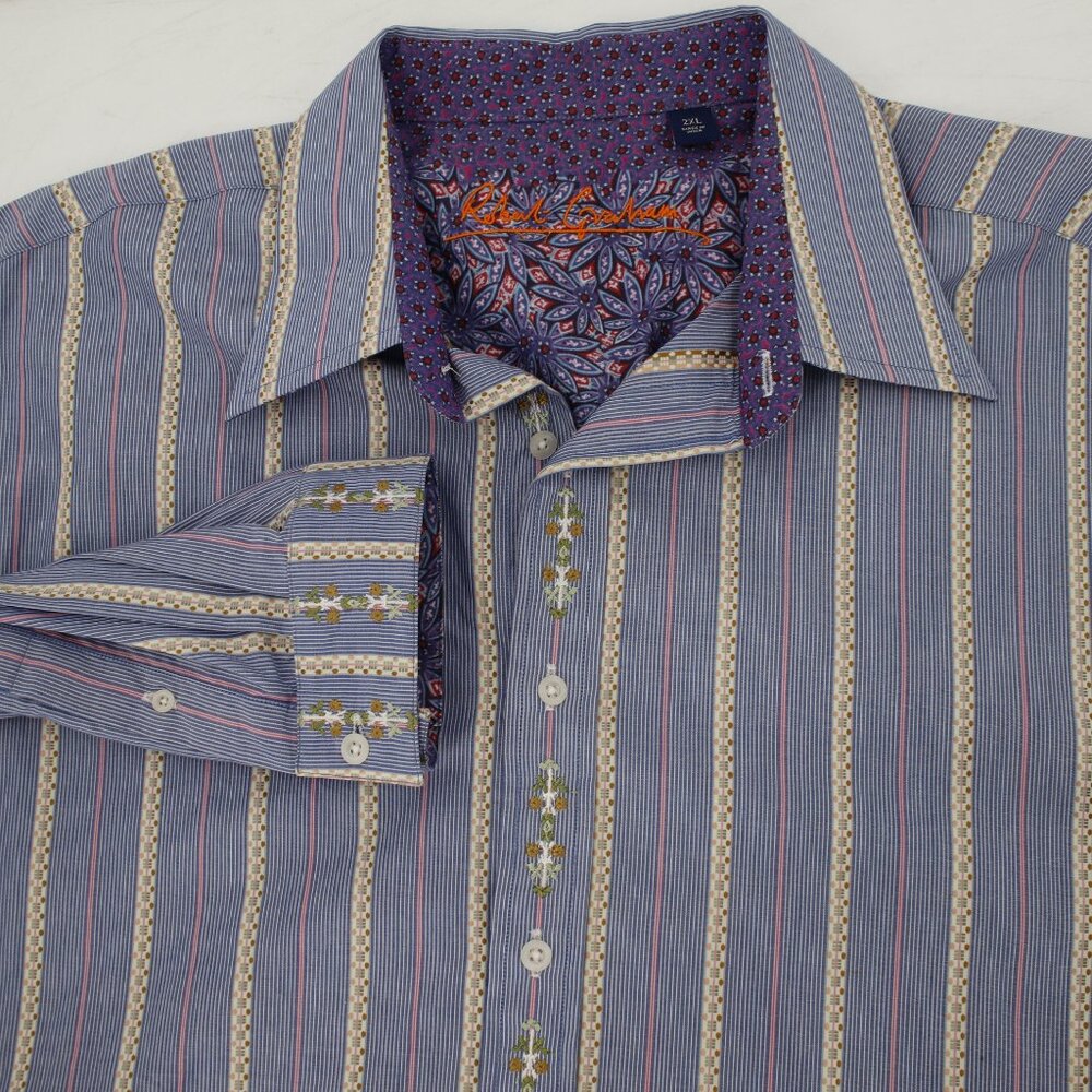 Robert graham shirt men 2XL embroidered floral silk trim button up stripe cotton